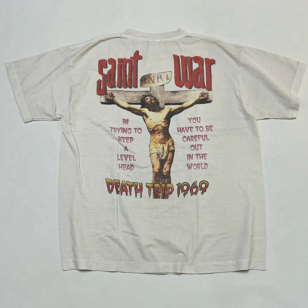 SAINT MICHAEL SAINT WAR TEE/WHAT new style Jesus cross retro short-sleeved, off-white S-XL, ready-to-wear, washed and distressed, printed repeatedly and modified, tube-woven seamless fabric, with little angel anti-counterfeiting label